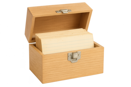 Wooden recipe box containing index cards with transparent background