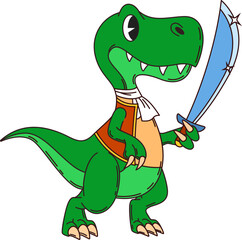 Cartoon dinosaur pirate and corsair animal ship crew character with sparkling cutlass. Isolated vector dino rover groovy y2k personage holding sword with happy toothy smile and adventurous expression