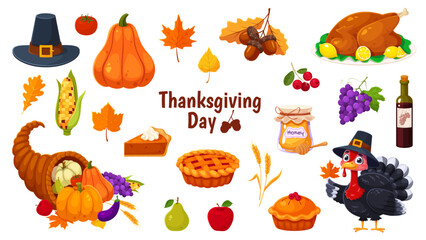 Cartoon Thanksgiving day characters and food. Vector autumn holiday set of turkey, seasonal meals, fall leaves, and harvest items. Pumpkin, corn, tomato, grapes and cornucopia, pie and wine bottle