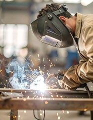 A focused welder concentrates on a metal piece, surrounded by bright sparks and smoke in a dynamic industrial setting.