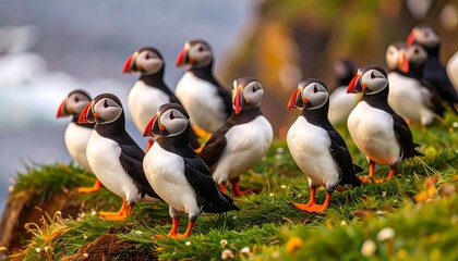 A group of puffins stand poised on a grassy cliffside, bathed in warm sunlight.