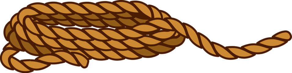 Cartoon groovy corsair and pirate loosely coiled rope with a twisted texture. Isolated vector rope is brown, representing a sturdy and versatile tool used for sailing, ranching, and outdoor activities