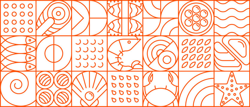 Seafood geometric pattern with fish, shrimp and sea food shapes, vector background. Seafood pattern in geometric line sea or ocean mollusks, starfish, and salmon steak with tuna and caviar mosaic tile
