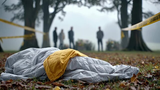 Crime scene investigation in foggy park with police tape and evidence, people in distance, concept of murder