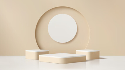 Beige podium stage pedestals for cosmetic product display or showcase, vector background. Premium luxury beige podium stage with square platforms with rounded edges and circle wall panel for display