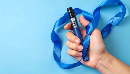 A hand holds a dark blue insulin pen, surrounded by a vibrant blue ribbon, on a light sky blue surface.