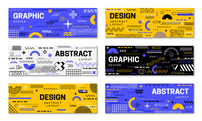 Geometric memphis banners with simple shapes and line figure pattern, vector background layouts. Modern or retro Y2K abstract Memphis pattern backgrounds with minimal geometric figures for banners