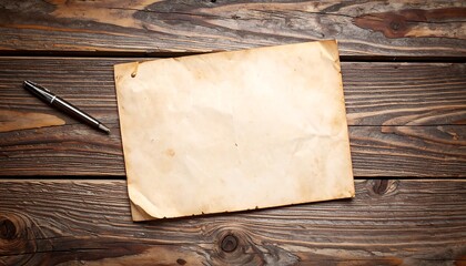 A vintage-toned sheet of aged paper rests on a rustic wooden surface, accompanied by a dark pen.