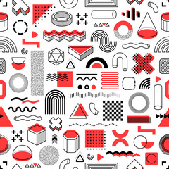 Memphis shapes seamless pattern background with abstract geometric elements. Vector modern pattern of geometric shapes, isometric line elements and retro minimal color figures