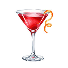 Red Cosmopolitan cocktail in a classic martini glass with an orange peel twist garnish. Vector illustration of an alcoholic beverage isolated on a white background.