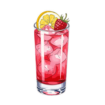 Refreshing raspberry lemonade cocktail illustration. A tall glass of pink drink with ice cubes, a lemon slice, and a fresh raspberry garnish, isolated on a white background.