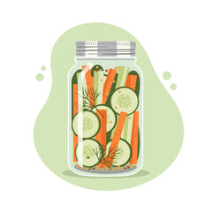 Illustration of a glass jar with homemade pickled vegetables. Canned carrots, cucumbers, and dill for preserving food.