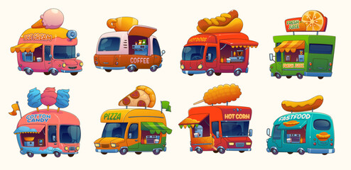 Food truck cars, festival street foodtruck vans. Vector ice cream, pizza, coffee and hot dog, fresh juice drink and corn shops on wheels. Cartoon fast food restaurant truck and cotton candy foodtruck