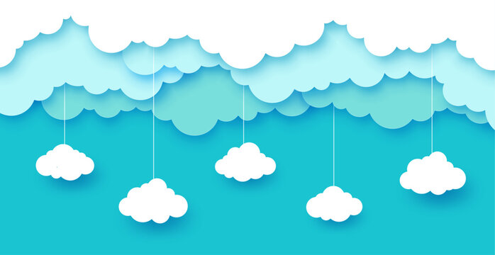 Azure sky clouds paper cut landscape vector background. Blue sky papercut banner with 3d border of fluffy wavy white layers and hanging paper cut clouds, nature, weather and ecology themes