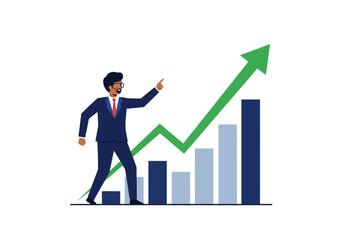 A man in suit pointing up next to rising graph columns and arrow