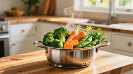 A stainless steel pot filled with steaming vegetables, including broccoli, carrots, and green beans, sits on a wooden kitchen countertop.