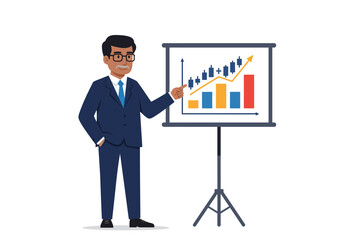 Man presents upwardtrending graph on a stand in suit and tie with glasses