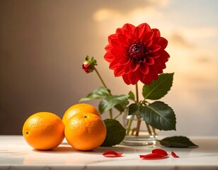 A vibrant still life featuring a striking red dahlia, alongside juicy oranges, bathed in soft, natural light.