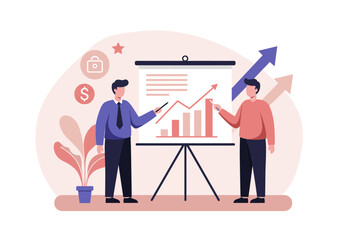 Two figures present an upwardtrending bar graph on a presentation board