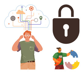 Man contemplating ideas with networked cloud above, black lock symbolizing security, and a person assembling puzzle pieces. Ideal for creativity, teamwork, problem solving, innovation, security