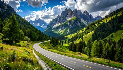 A winding road through lush green valleys and towering mountains under a vibrant sky, showcasing a picturesque landscape.