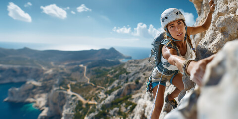 Fearless female rock climber conquering mountain challenge symbol of women empowerment