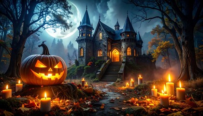 A gothic castle, illuminated by warm candlelight, stands amidst a misty autumnal forest under a full moon.