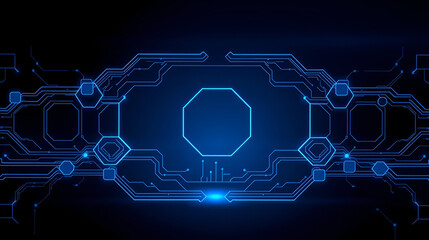 Smooth dark blue background with pulsating circuits and symmetrical hexagons creating a futuristic interface feel