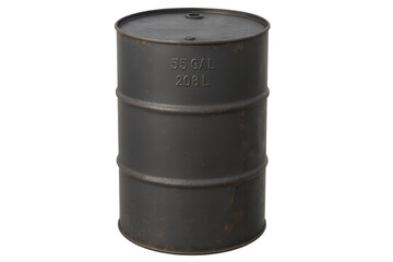 Black metal oil barrel with transparent background showing capacity