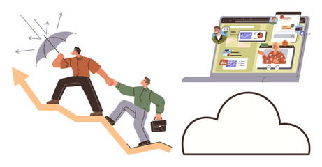 Two individuals helping each other climb upward while facing challenges. Includes teamwork, growth, online collaboration via a laptop interface, and a cloud symbol. Ideal for support, leadership