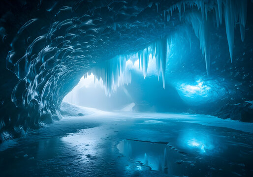Blue light streams through an opening in the stone cavern, illuminating a waterfall and a flowing river inside the mountain - Powered by Adobe