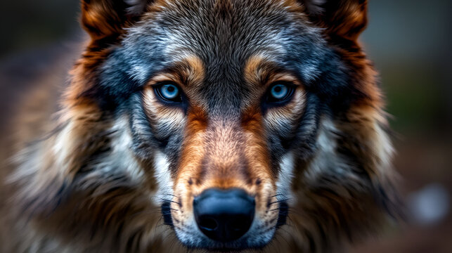 Intensely focused, this gray wolf gazes with deep blue eyes that exude warmth. Its rich brown fur accentuates its captivating expression in a striking close-up