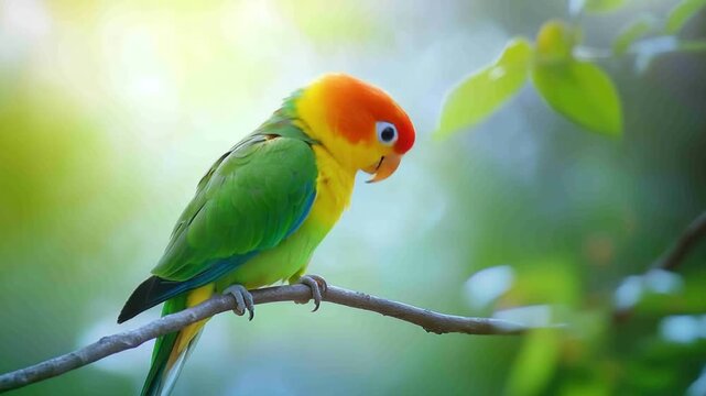 A vibrant bird with green, yellow, and orange plumage perches on a branch against a blurred green backdrop