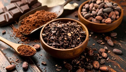 Chocolate components on a dark wooden surface