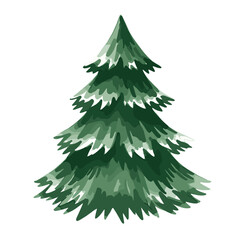 Obraz premium Stylized green pine tree illustration with snow on the branches. Hand drawn winter fir tree for Christmas holiday design, isolated on a white background.