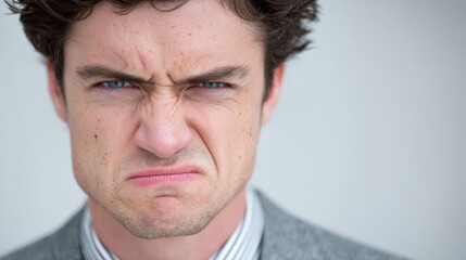 Close-up of a young man with a furrowed brow, scrunched lips, and narrowed eyes, conveying strong dissatisfaction and intense facial tension in a candid portrait.