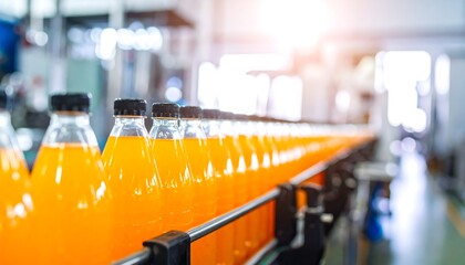 Orange juice bottles on a factory conveyor belt