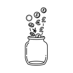 Money coins falling into jar vector icon  