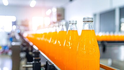 Orange juice bottles on conveyor belt