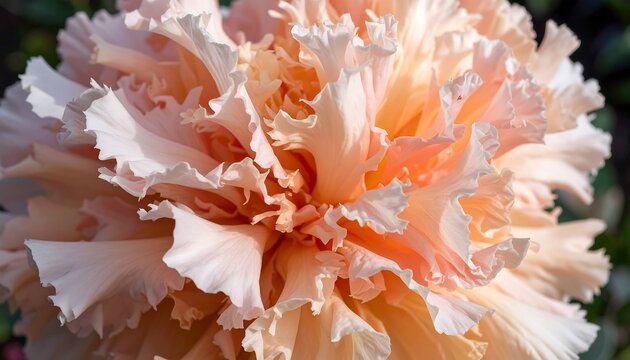 Close-up view of a flower with delicate, ruffled petals in soft peach and white tones. - Powered by Adobe