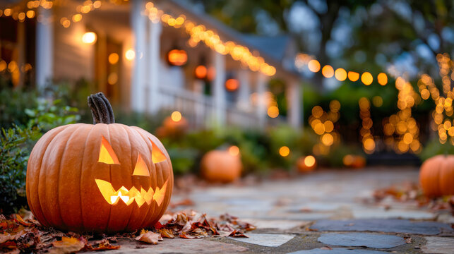 Glowing jack-o-lantern on a leaf-strewn stone path with warm string lights illuminating a cozy Halloween-decorated home