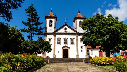 Fototapeta premium Picturesque baroque church in Brazil, towers reaching the blue sky amidst vibrant flora and