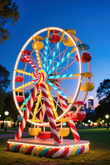 A brightly lit Ferris wheel stands tall in a park during the evening, with colorful gondolas and vibrant lights illuminating the scene.