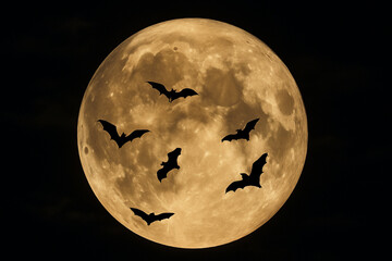 Full moon night sky with flying bats silhouette, Halloween spooky background