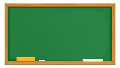 A blank, vibrant green chalkboard with wooden frame and writing implements.