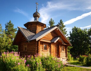 Wooden church in a forest setting on a sunny day