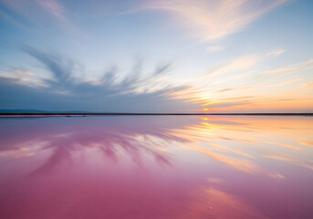 Fototapeta premium Sunrise and sunset paint the sky with a vibrant mix of orange, blue, and pink over the tranquil ocean, creating a beautiful reflection on the water
