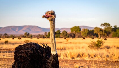 Ostrich in African savanna at sunrise
