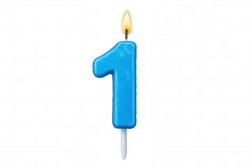Blue number one birthday candle glowing, highlighting milestone moment against clean transparent backdrop
