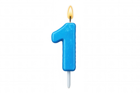 Blue number one birthday candle glowing, highlighting milestone moment against clean transparent backdrop